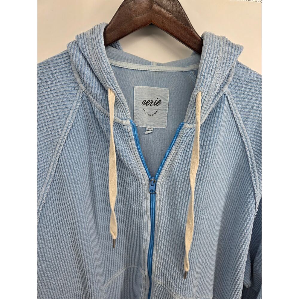 Aerie Ribbed Distressed Full Zip Light Blue Hooded Sweatshirt Size Large - Picture 2 of 5